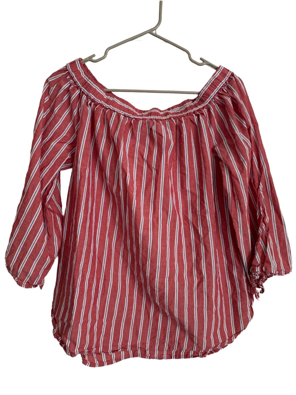 BEACH LUNCH LOUNGE Women’s Red White Blue Stripe Elastic Shoulder Cotton Blouse
